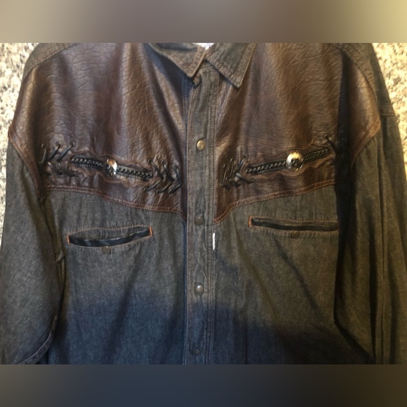 **Unique Vintage Men's Button-Up Denim Shirt with Leather Detailing** - Picture 2 of 4